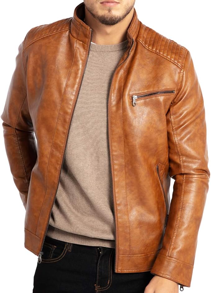 Men’s Stand Collar Leather Motorcycle Jacket
