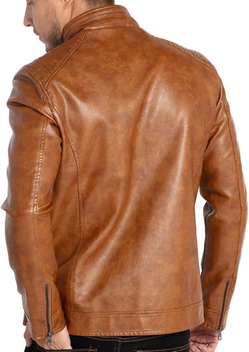 Men’s Stand Collar Leather Motorcycle Jacket