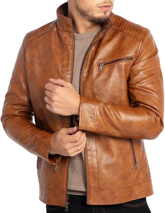 Men’s Stand Collar Leather Motorcycle Jacket