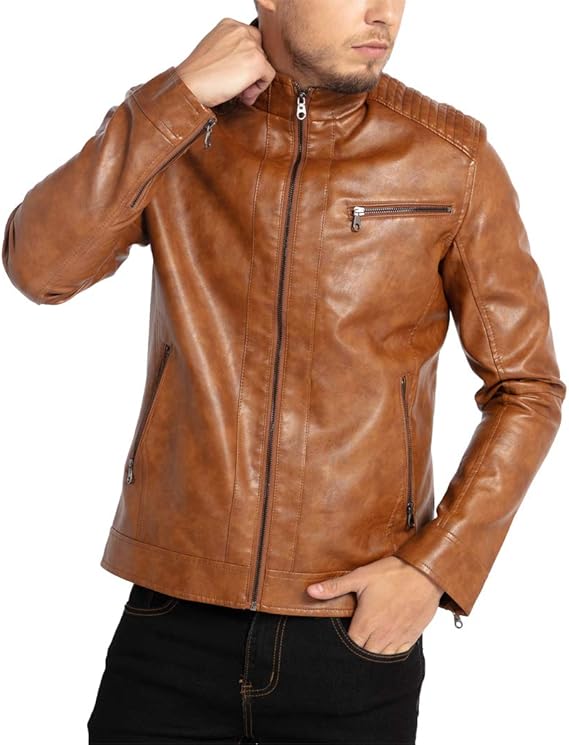 Men’s Stand Collar Leather Motorcycle Jacket