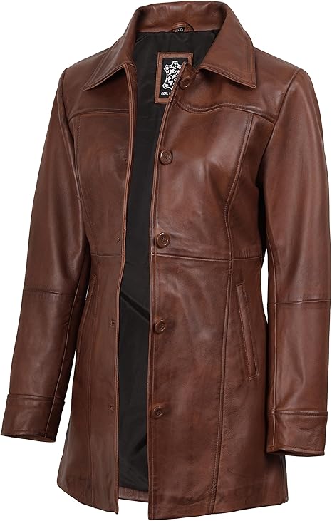 Women’s Vintage Long Leather Coat ,Genuine Leather Classic Tailored Jacket | H.H Store