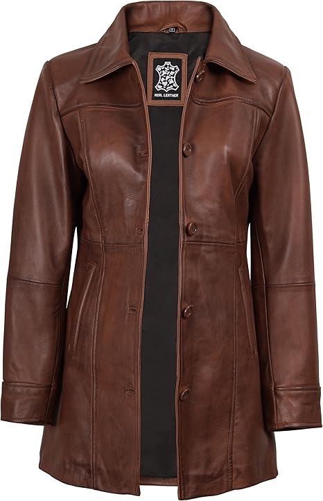 Women’s Vintage Long Leather Coat ,Genuine Leather Classic Tailored Jacket | H.H Store