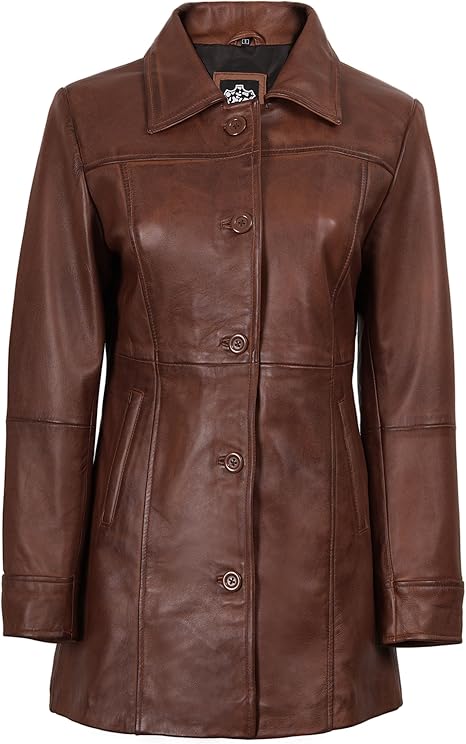 Women’s Vintage Long Leather Coat ,Genuine Leather Classic Tailored Jacket | H.H Store