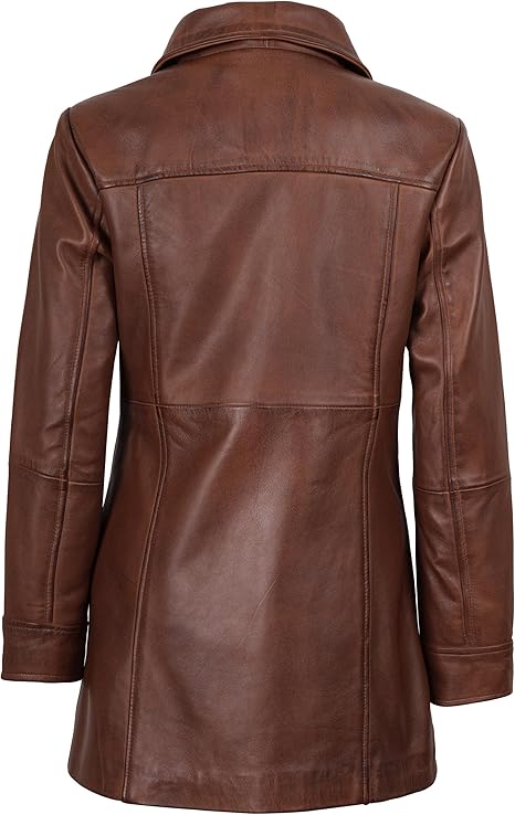 Women’s Vintage Long Leather Coat ,Genuine Leather Classic Tailored Jacket | H.H Store
