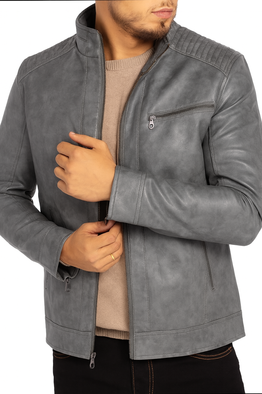 Men’s Stand Collar Leather Motorcycle Jacket