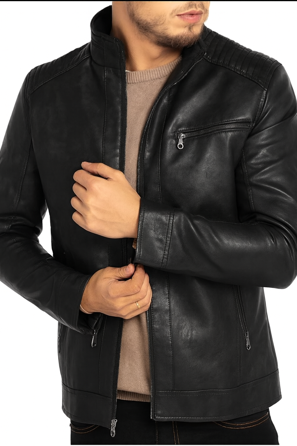 Men’s Stand Collar Leather Motorcycle Jacket