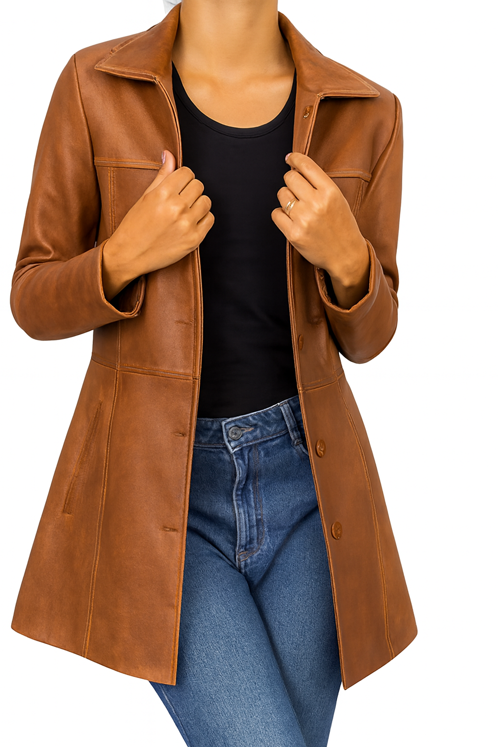 Women’s ¾ Length Lambskin Leather Coat – Casual Blazer Style Jacket