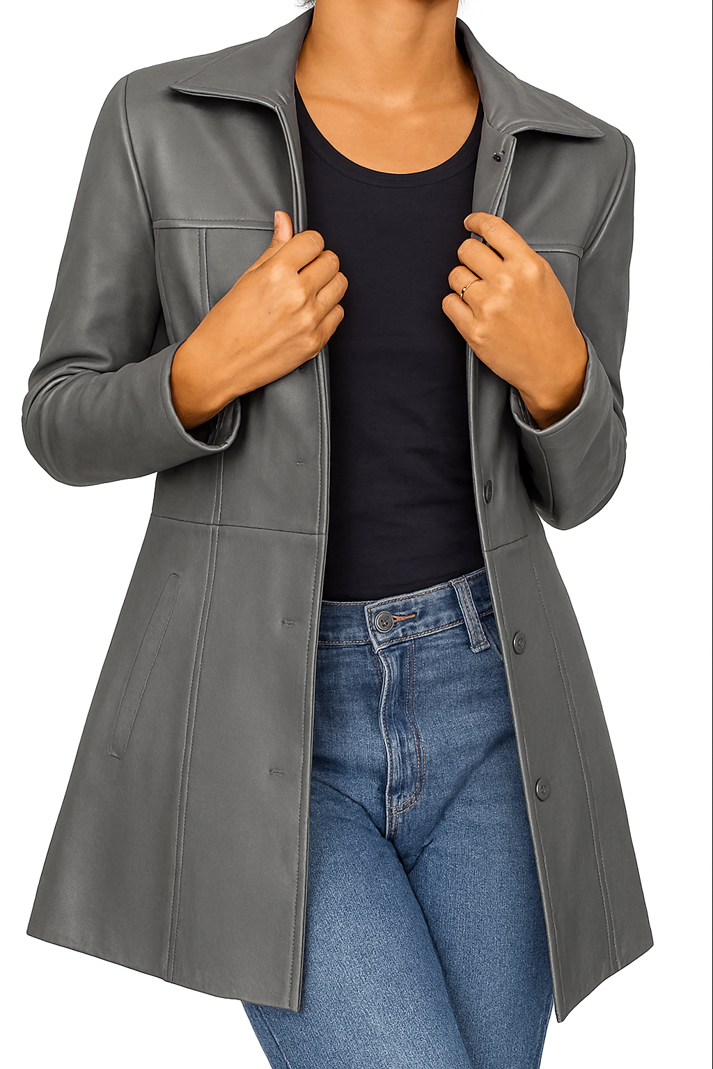 Women’s ¾ Length Lambskin Leather Coat – Casual Blazer Style Jacket
